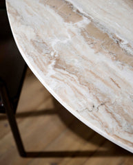 ERIE round dining table wood finish w. Ivory nature marble tabletop