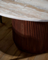 ERIE round dining table wood finish w. Ivory nature marble tabletop